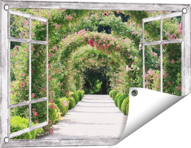 Gards Tuinposter Doorkijk Rozenbogen Tunnel - 60x40 cm - Tuindoek - Tuindecoratie - Wanddecoratie buiten - Tuinschilderij Grijs
