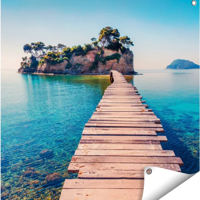 Gards Tuinposter Pad op het Water naar een Grieks Eiland - 70x70 cm - Tuindoek - Tuindecoratie - Wanddecoratie buiten - Tuinschilderij Multikleur