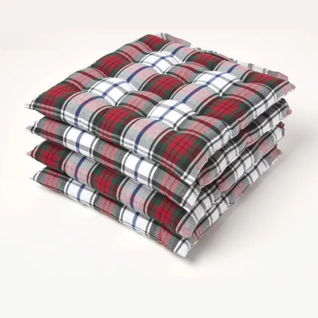 Homescapes Macduff Tartan zitkussens, 100% katoen, set van 4 Rood