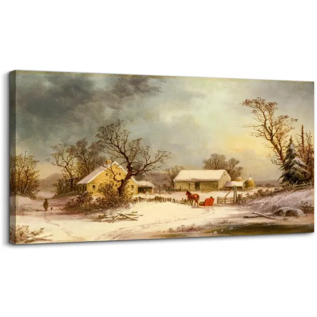 Ibenzoa Betoverende Vintage Canvas Wanddecoratie met Winterlandschap voor Sfeervolle Interieurs, 50 x 100 cm Wintertijd op de boerderij