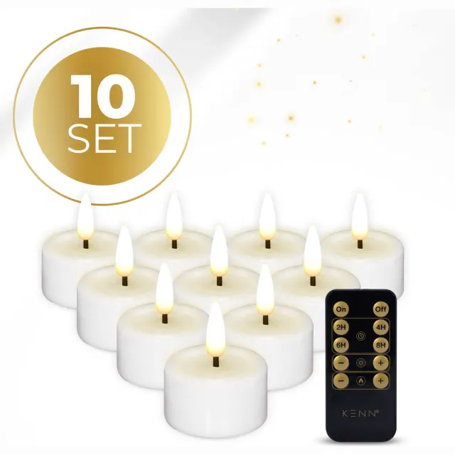 KENN LED Waxinelichtjes – Set van 10 – Wit – Echte Wax – Met Afstandsbediening & Timer – Tot 300 Branduren – Inclusief Batterijen – LED Theelichtjes – Kaarsen op Batterij – Realistisch Flikkerende Vlam - Nep Waxinelichtjes