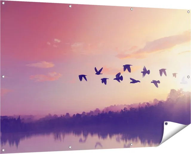 Gards Tuinposter Silhouet Vogels tijdens Zonsondergang - 150x100 cm - Tuindoek - Tuindecoratie - Wanddecoratie buiten - Tuinschilderij Multikleur