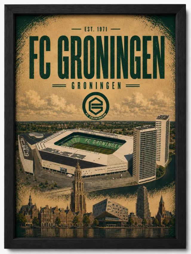 Joshimo FC Groningen Poster | Euroborg Stadion Vintage Art Print | Retro Voetbal Poster | Inclusief Zwarte A4 Lijst