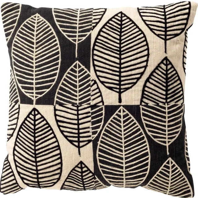 Dutch Decor DAKOTA - kussenhoes 45x45 cm - bladmotief - gerecycled - Raven - zwart - met rits - zonder binnenkussen