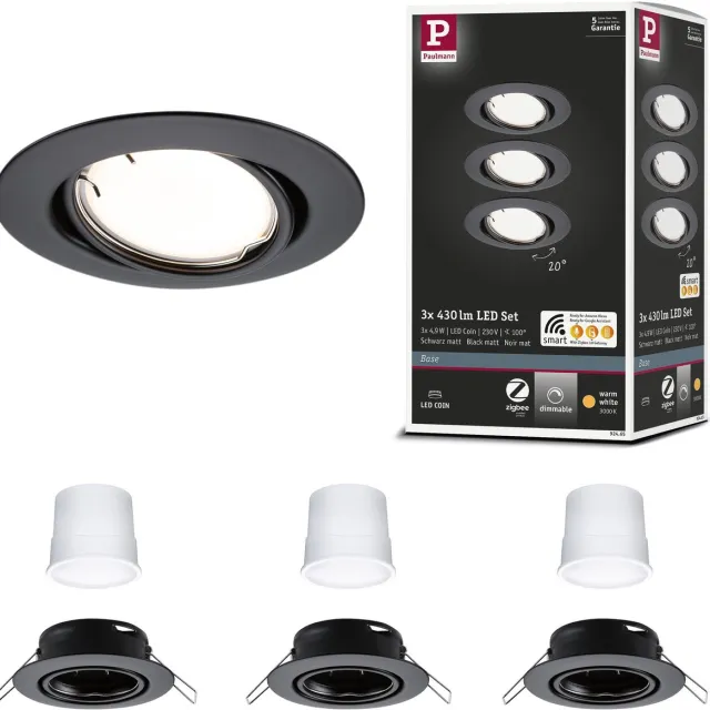 Paulmann LED-inbouwlamp Smart Home Zigbee 3.0 Base Coin Basisset zwenkbaar rond 90 mm 20° Coin 3x4,9W 3x430lm 230V dimbaar 3000K Zwart mat