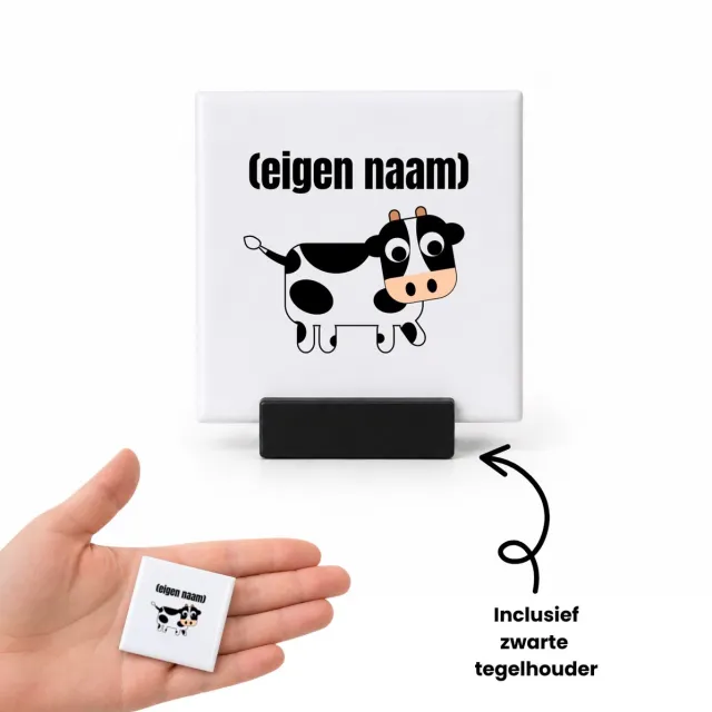 Hacebo kleine koe met eigen naam tegeltje met tegelhouder - Koe - boeren/koeien liefhebbers - tegeltjes met tekst - iemand die houdt van koeien - verjaardag - cadeau - kado - spreuktegels - 4.8x4.8 CM Wit