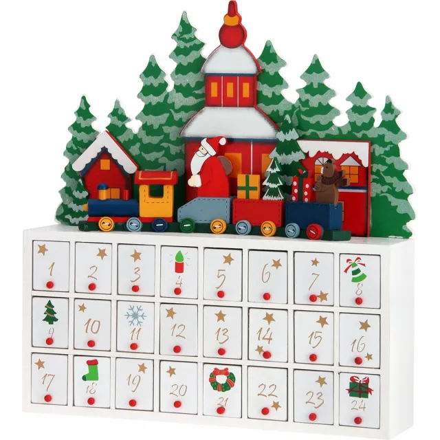 spielwerk Adventskalender Winterlandschap - 24 Lades Hout 38x8x42 - Wit