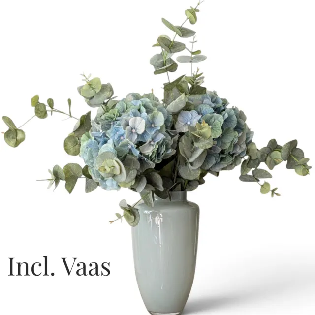 BLOOM & VESSEL Zijden Hortensiaboeket met Vaas – 60 cm – Boeket Aquamarine – Blauwgroene Hortensia & Eucalyptus – Kunstbloemen – Nepbloemen Blauw, Groen, Mint Groen