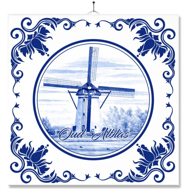 MC Living Tegel Met Opdruk | Oud-Alblas | Delft Blauw | Cadeau | Inclusief Geschenkdoos | Standaard | Ophangsysteem Ontwerp 2