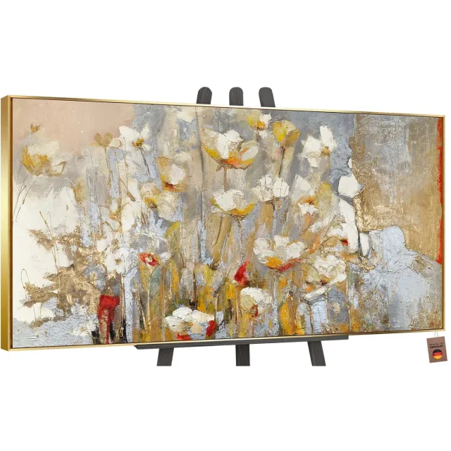 YS Schilderij - Handgeschilderd canvas schilderij - Wanddecoratie Bloemen - goud - Handgeschilderd - Muurdecoratie woonkamer - Slaapkamer decoratie - Kamer accessoires - schilderij canvas Bloemen veld - schilderijen op canvas Bloemen Gold 200x100