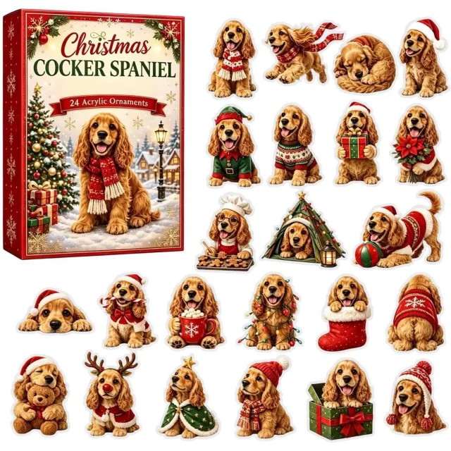 ZVD Adventskalenders - Kerstaftelkalender –24 tweedimensionale acrylhangers in de vorm van een cocker-spaniël – Kerstdecoratie om af te tellen –Geschikt voor feestjes, thuis, op kantoor, in de klas, de slaapkamer, de woonkamer en als kerstboomversiering