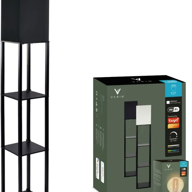 Varin Vloerlamp met vakken - Zwart - Met E27 Led lamp filament - Dimbaar - Witlicht warm - Smart Lamp - Tuya wifi - Slimme staande lampen - Sfeerlamp - Vakkenkast - Lamp industrieel - Vloerlampen - Verlichting woonkamer, keuken en slaapkamer