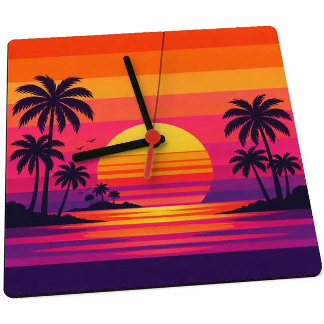 Mr Cadeautjes Klok 19 x 19 - design Retro zonsondergang met palmen | cadeau Wit