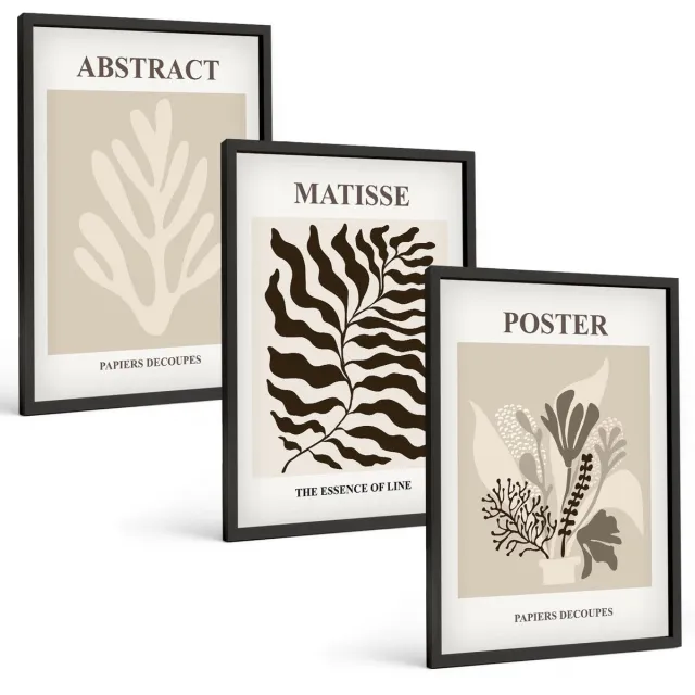 TULUP 4-Delige Schilderij Set - Plantenpatronen in beige en bruine tinten - 40 x 60 cm - Wanddecoratie - Schilderijen Set - Interieur - Interieur Decoratie Zwarte lijst