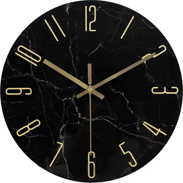 IvoQ Wandklok Marmerlook Zwart - Glas - Ø 30 cm - Stil Uurwerk - Modern & Goud