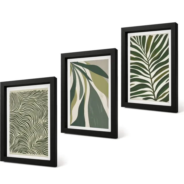 Coloray 4-Delige Schilderij Set - Bladpatronen en golvende lijnen in groene tinten - 20 x 30 cm - Muurdecoratie - Wanddecoratie - Slaapkamer Zwarte lijst