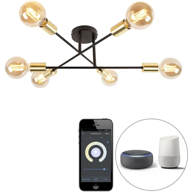 QAZQA sydney - Industriele Dimbare LED Smart Plafondlamp incl. wifi met Dimmer - 6 lichts - Ø 55 cm - Zwart Goud - Industrieel - Woonkamer | Slaapkamer | Keuken Zwart Goud Smart LED