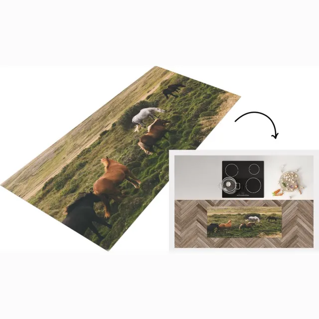 KitchenYeah Keukenloper - Loper keuken - Paarden - Gras - IJsland - Keukenloper vinyl Multicolor