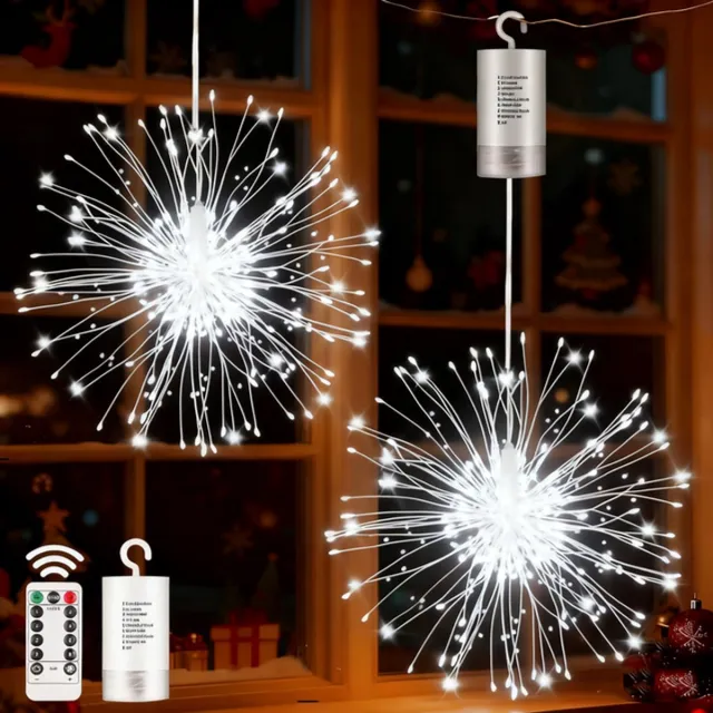 MUPOO Kerstverlichting Buiten 3-Pack – LED Vuurwerklichten 198 LEDs Wit – Batterij Aangedreven Lichtslinger met 8 Modus & Timer – Sfeerverlichting voor Binnen & Buiten, Kerst, Tuin, Balkon & Feestdecoratie