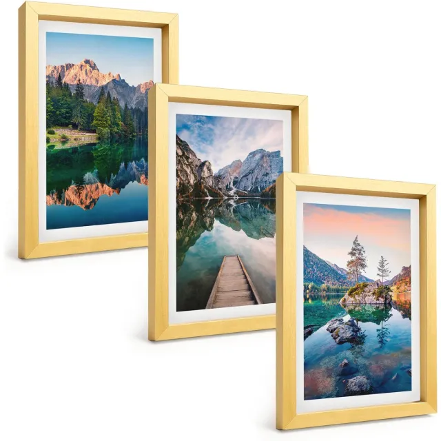 TULUP 4-Delige Schilderij Set - Bergmeren met weerspiegelingen in het water en het bos. - 20 x 30 cm - Wanddecoratie - Schilderijen Set - Kantoor - Interieur Decoratie Gouden lijst
