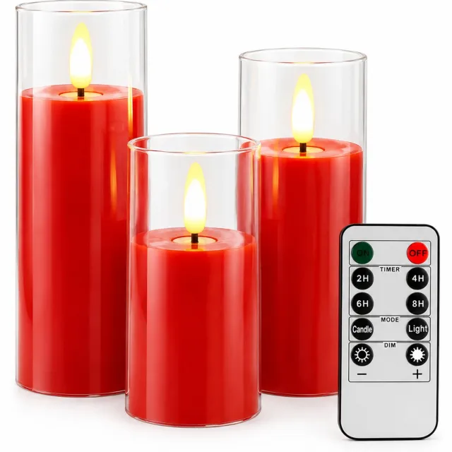 SWGOTA led kaarsen, rode set van 3 met afstandsbediening, transparante cilindervormige kappen en vlamvormige verlichting voor feestdecoratie Rood