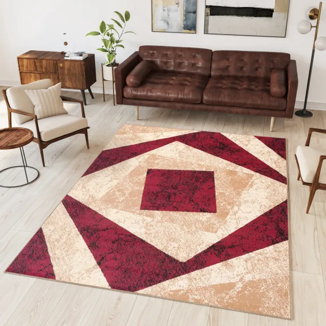 Tapiso Dream Vloerkleed Beige Rood Modern Geometrisch Woonkamer Tapijt Maat - 60 x 100 cm Crème