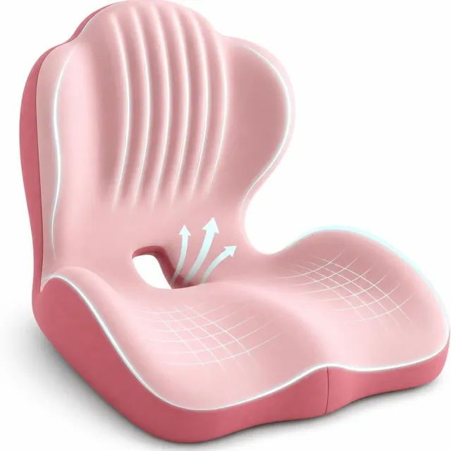 Bobypet Zitkussen - Lendensteun - Orthopedisch zitkussen - Rugkussen - Traagschuim - Ergonomisch - L-vorm - Voor de auto en bureaustoel - Antislip - 40*44*37cm - Roze kleurblokken
