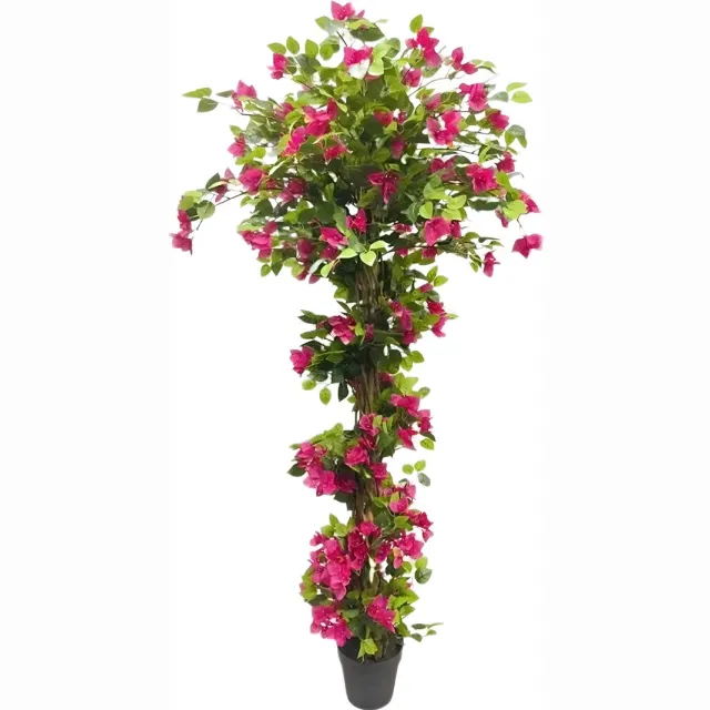 Happiq Kunstmatige Bougainvillea Boom 180 cm - Kunstplant - Nepplant met Houten Stam & Roze Bloemen - Voor Binnen & Buiten - Wit Bruin