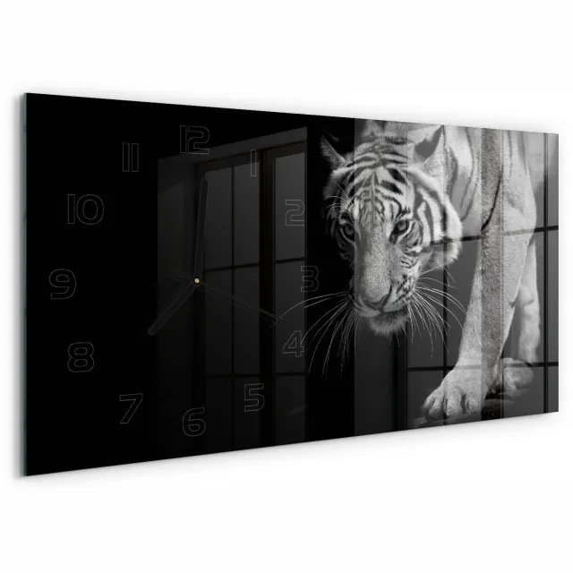TULUP Wandklok - Tijger Wandklok Glas Met Motief - 60x30 cm - Zwart-wit Decoratieve Glazen Klok - Zwarte handen - Rechthoekige Klok - Gekleurde Glazen Klok - Glazen Klok Met Print