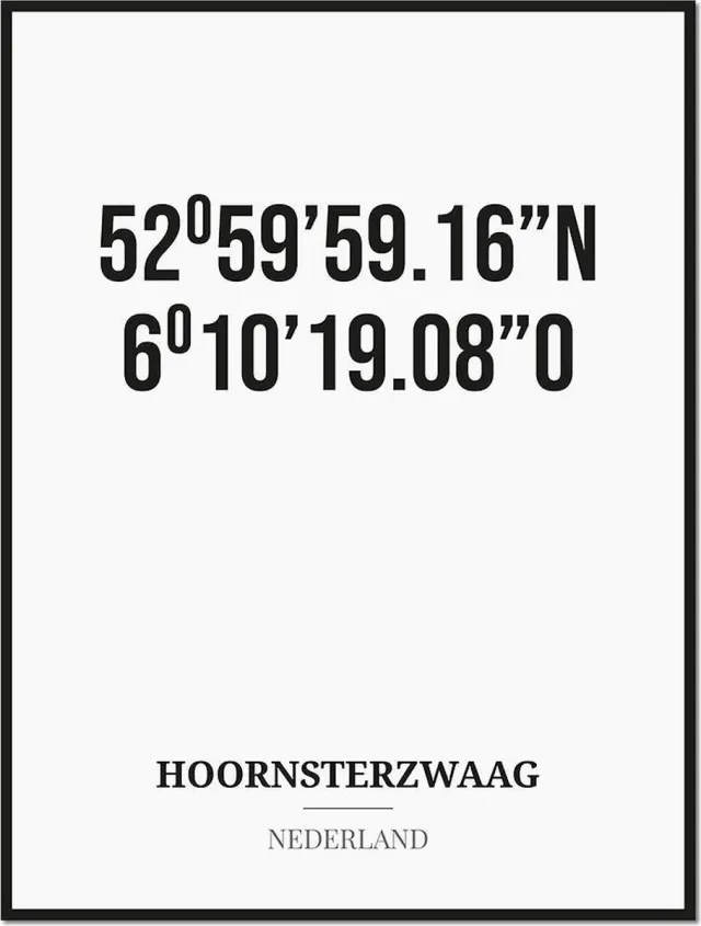 Studio216 Poster/kaart HOORNSTERZWAAG met coördinaten zwart, wit