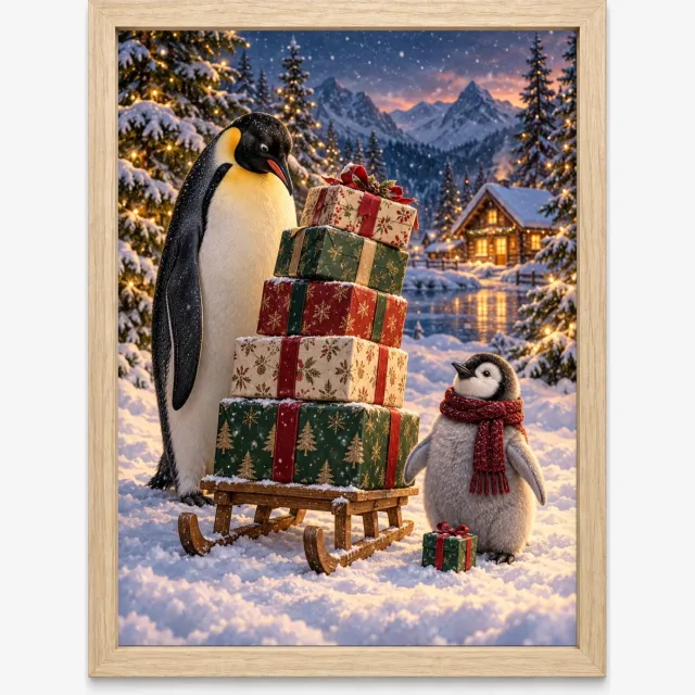 Joshimo Pinguïns Kerstposter | Samen bij de Cadeauslee | Inclusief Lichtbruine A4 Lijst