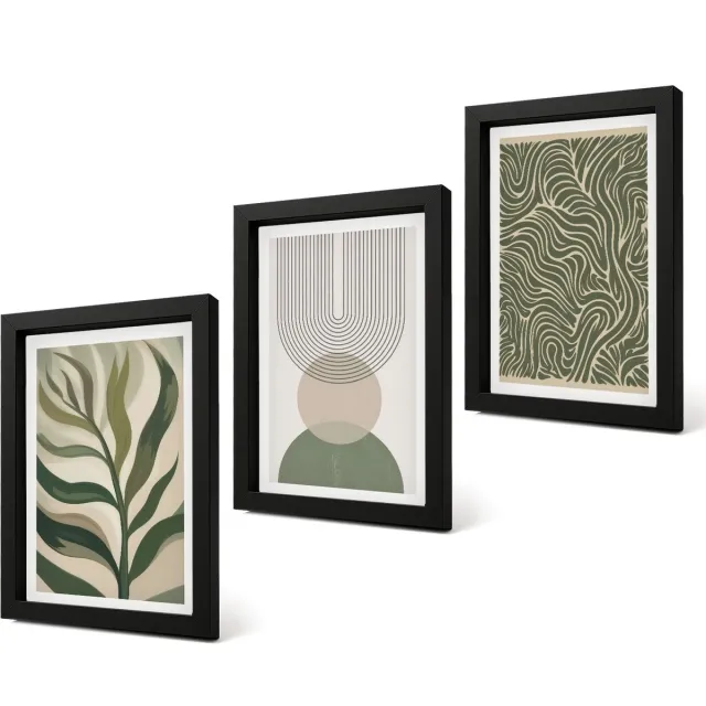 Coloray 4-Delige Schilderij Set - Abstracte bladeren en geometrische vormen - 20 x 30 cm - Moderne Wanddecoratie - Woonkamer Zwarte lijst