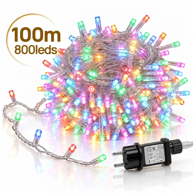 LAPAMAX LED Lichtsnoer - Kerstverlichting 100 m 800 LEDs Meerkleurig - Zonder Tail Plug - 31 V Laagspanning met Timer, Geheugen en 8 Lichtstanden - Kerstboomverlichting met Adapter en 3 m Aanloopsnoer