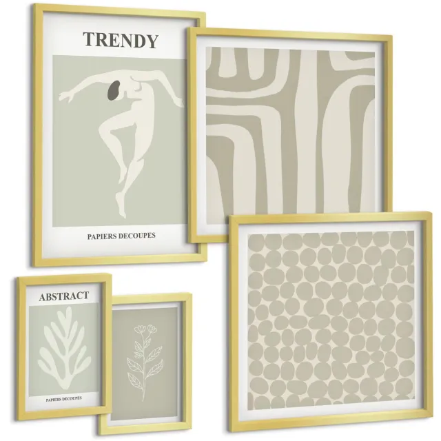 Coloray 5-Delige Schilderij Set - Stijlvolle Afbeeldingen In Groentinten Met Abstracte Motieven. - 50 x 50 cm, 20 x 30 cm En 40 x 60 cm - Muurdecoratie - Schilderijen Set - Woonkamer - Interieur Decoratie Gouden lijst
