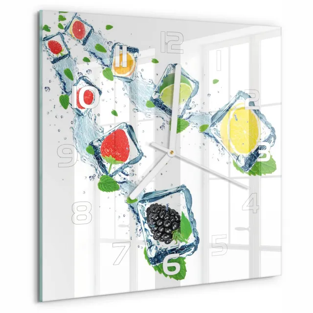 TULUP Wandklok - Fruit in blokjes Glazen Wandklok Design - 30x30 cm - Veelkleurig Klok Glas Met Opdruk - Witte handen - Vierkante Klok - Wandklok Glas Met Motief - Decoratieve Glazen Klok