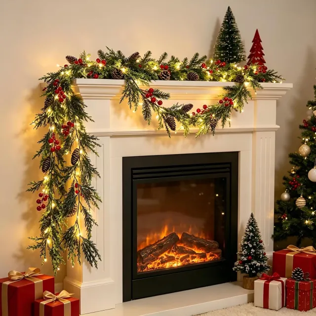 ZVD Kerstslinger van 1,8 m – Kerstdecoratie – Kunstkerstslinger met lichtsnoer – Led-feestdecoratie – Voorzien van rode bessen – 35 ledlampjes – Geschikt voor gebruik binnenshuis en buitenshuis