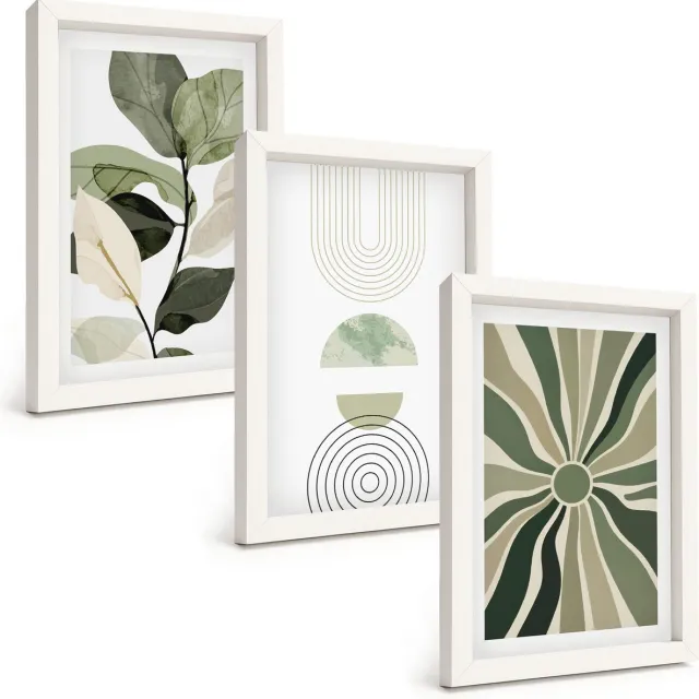 TULUP 3-Delige Schilderij Set - Plantmotieven met geometrische vormen in groen - 20x30 - Decoratieve Muurdecoratie - Slaapkamer - Moderne Wanddecoratie
