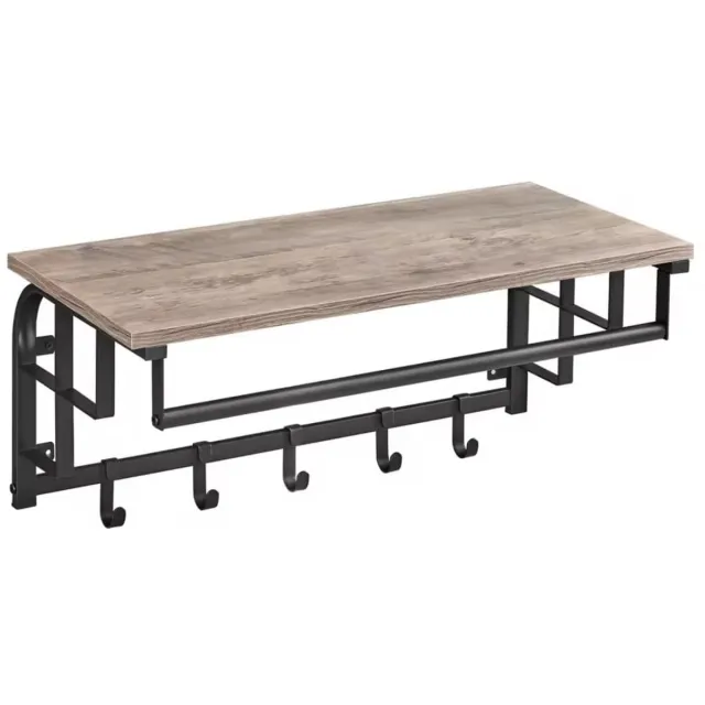Industriële Wandkapstok met Plank Metaal & Hout – 3-in-1 Design – Wandrek met 5 Haken en Hangstang – Wandgarderobe voor Hal, Slaapkamer of Badkamer Houtkleur