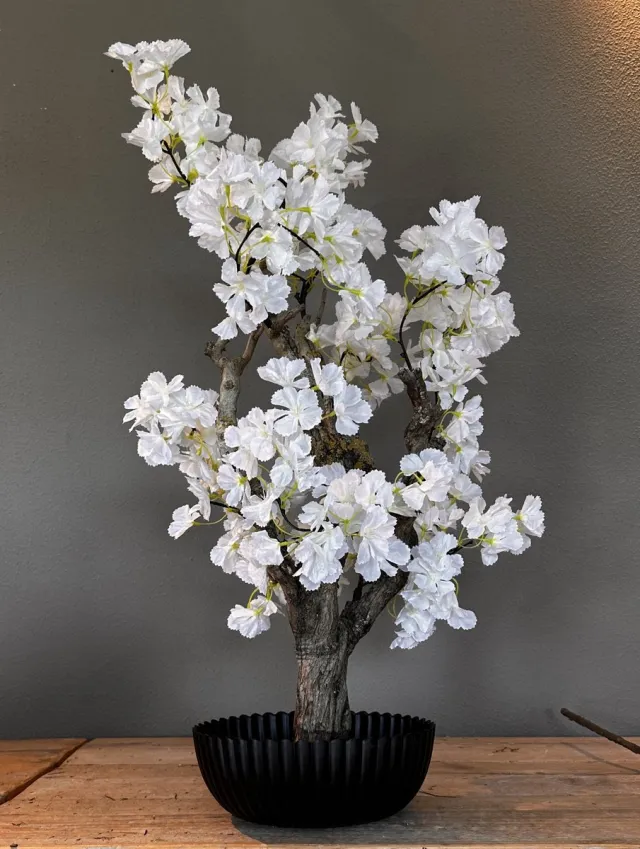 Seta Fiori Kunstbloesemboom Wit - Echte Houten Stam - Handgemaakt - Fluffy Sakura - 75 cm - Seta Fiori