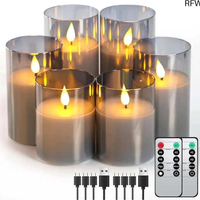 RFWR Set van 6 oplaadbare vlamloze LED-kaarsen met afstandsbediening - Dimbaar en waterdicht voor decoratie Grijs glas