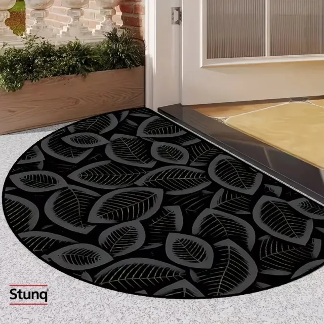 Stunq Halfronde Antislip Deurmat met Bladpatroon, Wasbaar Zwart