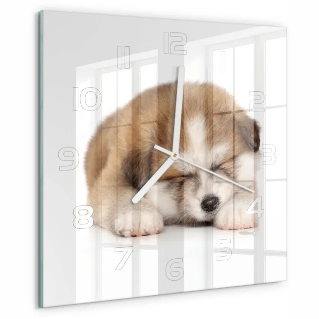 TULUP Wandklok - Akita-puppy Glazen Klok Met Print - 30x30 cm - Oranje Wandklok Glas Met Motief - Witte handen - Vierkante Klok - Wandklok Glas Decoratie - Gekleurde Glazen Klok