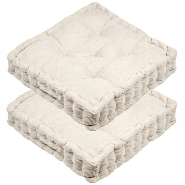 Stof Textile Vloerkussen Ribcord - 2x - lichtbeige - 45 x 45 x 10 cm - vierkant - Extra dik - extra zitplaatsen - spelen - gamen - relaxen Licht beige