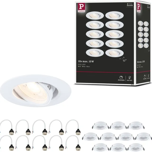 Paulmann Inbouwlamp Set van 10 zwenkbaar rond 90 mm 30° GU10 max. 10x10W 230V dimbaar Wit