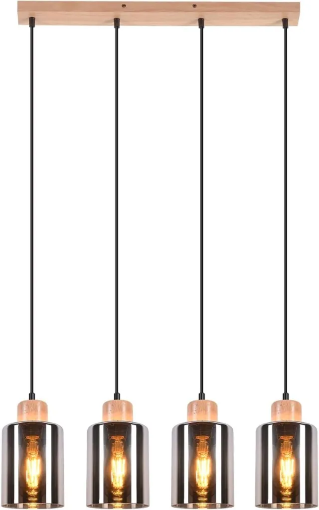 Glitzerlife Hanglampen - Retro Industriële Stijl - 4xE27 - Hoogteverstelbaar - Glas en Hout - Ø60cm - Rookgrijs - Hanglampen Eetkamer Industrieel Verstelbaar - Geschikt voor Keuken Woonkamer Natuurlijk Hout