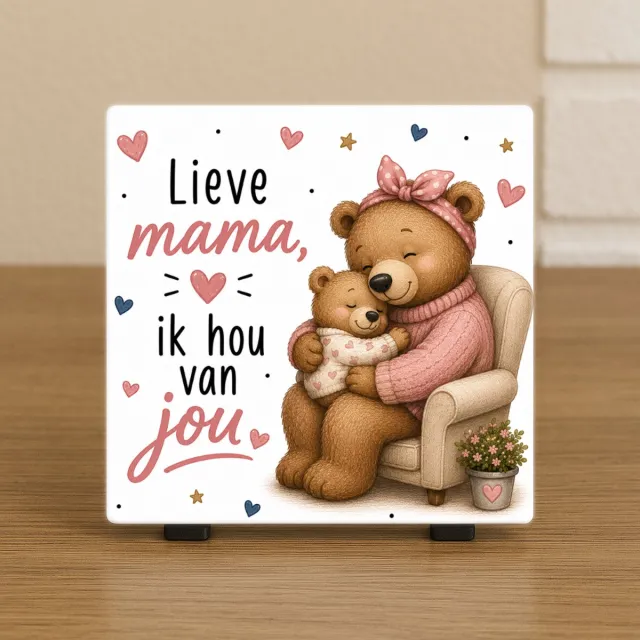 CreaCraft Wenstegeltje - Lieve mama ik hou van jou – Cadeau Mama, Moederdag, Verjaardag of zomaar - Hip trendy tegeltje – Tegeltje met lieve boodschap – Keramiek – Wanddecoratie – Sfeervol en Persoonlijk – Trendy nu – Origineel cadeau - Incl standaard