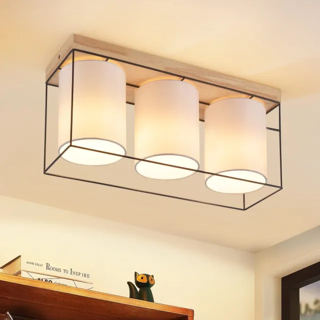 NETTLIFE Plafondlamp Hout – E14 Fitting - 3-Lichts - met Stof Lampkap - Vintage Ganglamp – voor Slaapkamer | Woonkamer – Max. 25 W-excl. lichtbron Zwart