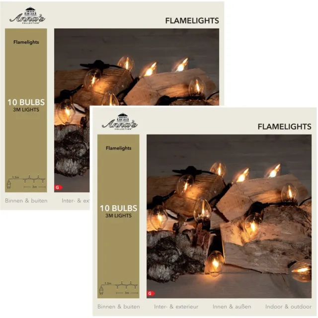 Anna's Collection Vlamverlichting - 2x - 10 vlameffect lampjes - 300 cm - warm wit - lichtsnoer