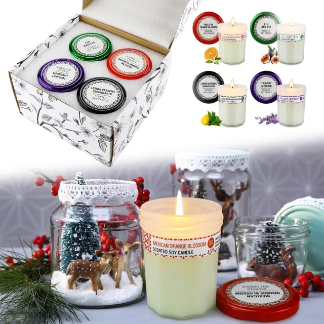 Froadp Aromatherapie Duftkerzen Geschenkset 120g – 4-teiliges Set Mit Aufklebern Und Kleinen Dosengläsern, Duftkerzen-Dekorationsset Für Das Schlafzimmer Lavendel, Mexicaanse oranjebloesem, vijgenboom, citroenverbena en citrusvruchten