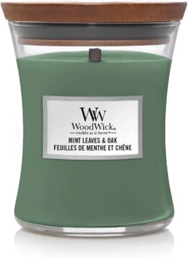 Woodwick Hourglass Medium Geurkaars - Mint Leaves & Oak - 60 branduren Groen